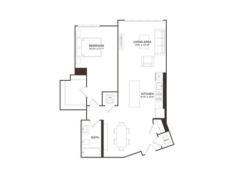 Floor plan for 1 bed, 1 bath, 909 sqft